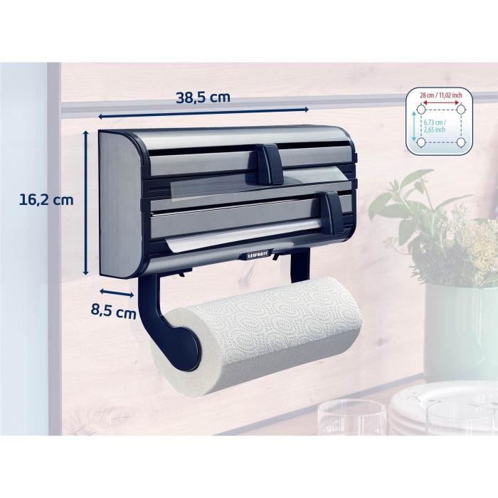 Dérouleur mural Leifheit Parat Royal 25793, porte-rouleau cuisine en acier inoxydable pour 3 rouleaux, lames tranchantes, blanc