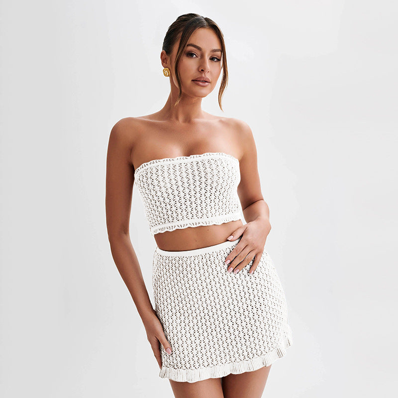 Ensemble Noir Femme 2 Pièces – Top Bandeau & Jupe Ajustée
