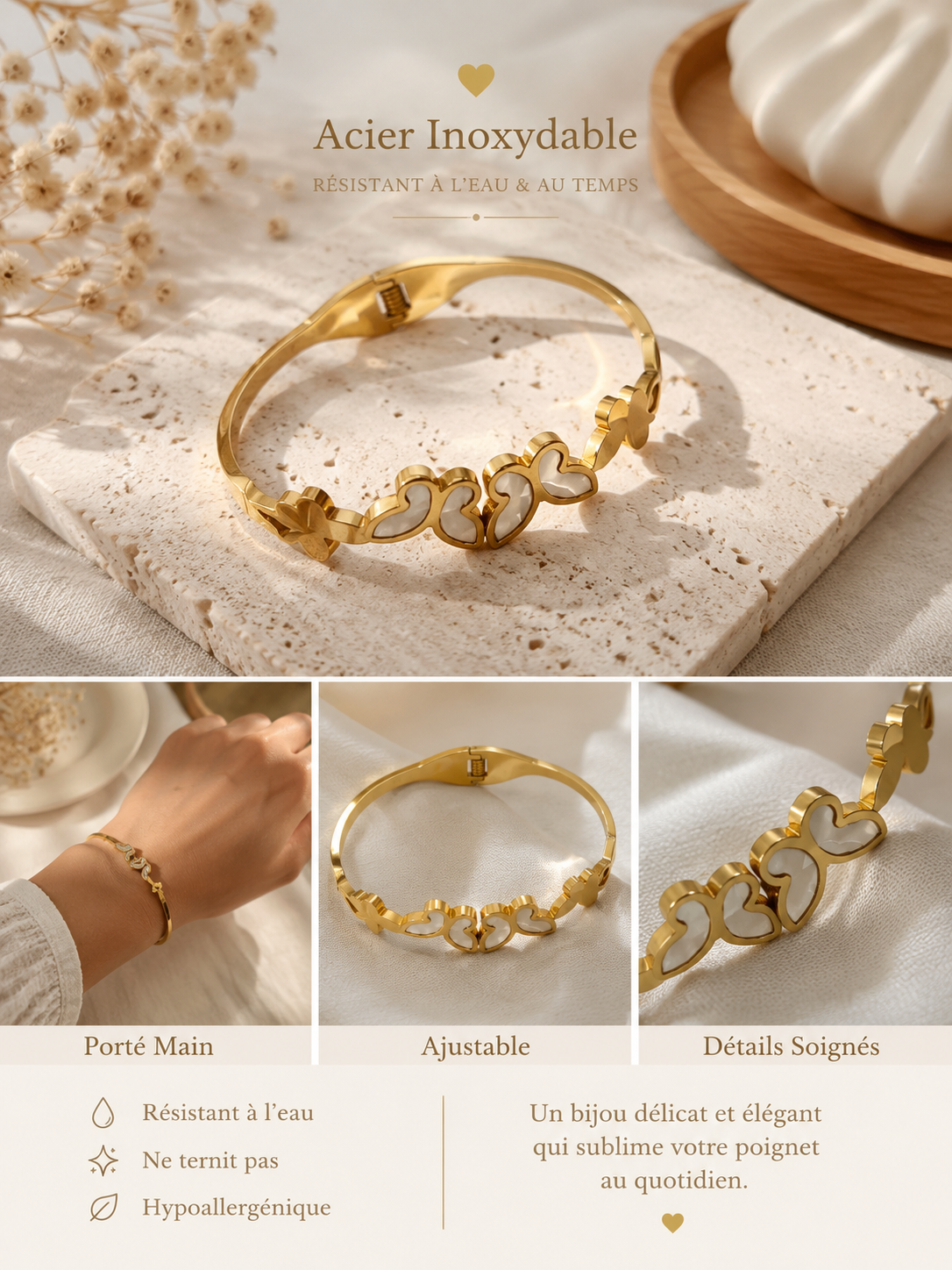 Bracelet Jonc Papillons Nacrés Doré – Acier Inoxydable Ajustable
