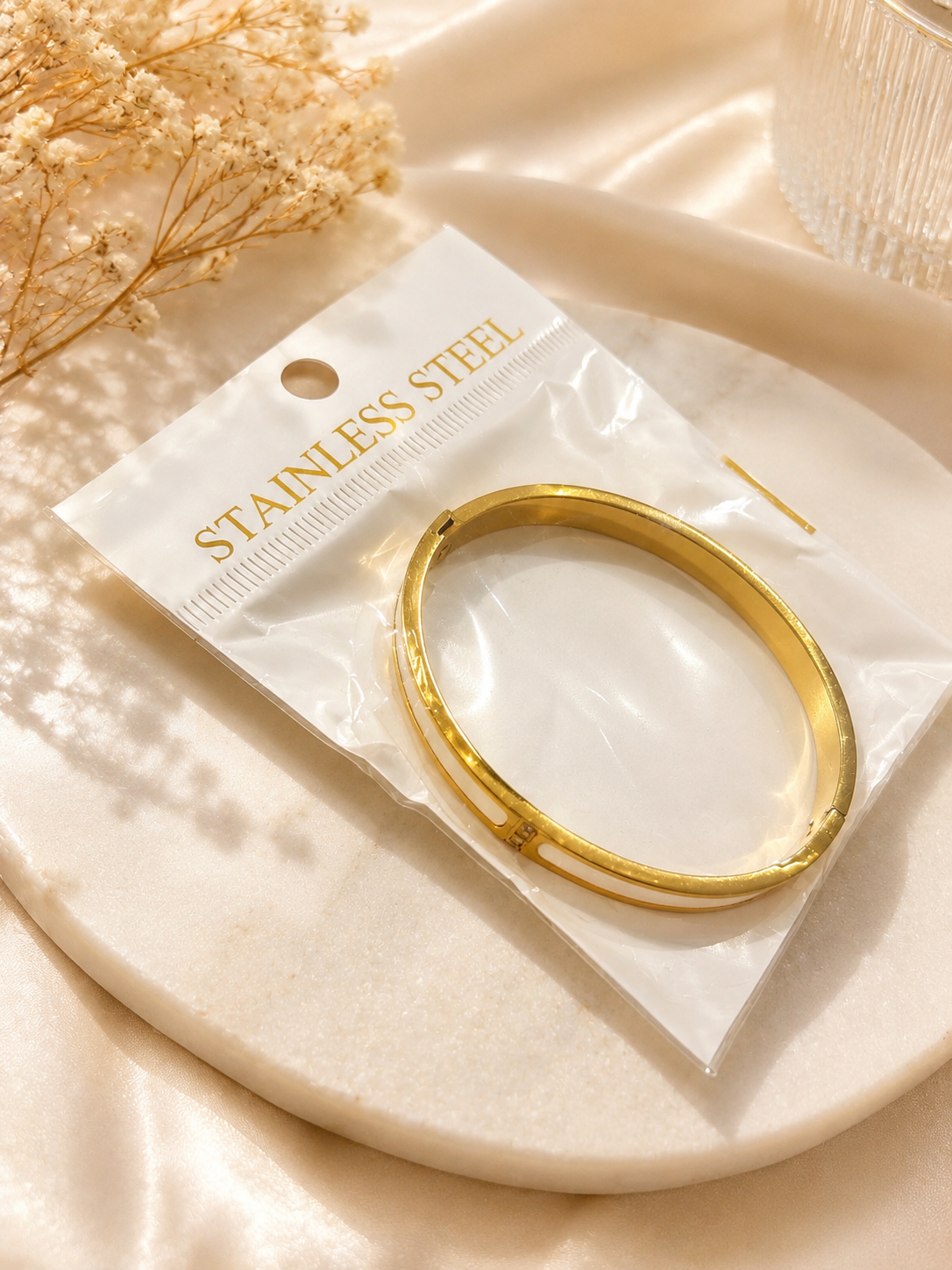 Bracelet Jonc Doré Nacre Blanche – Acier Inoxydable