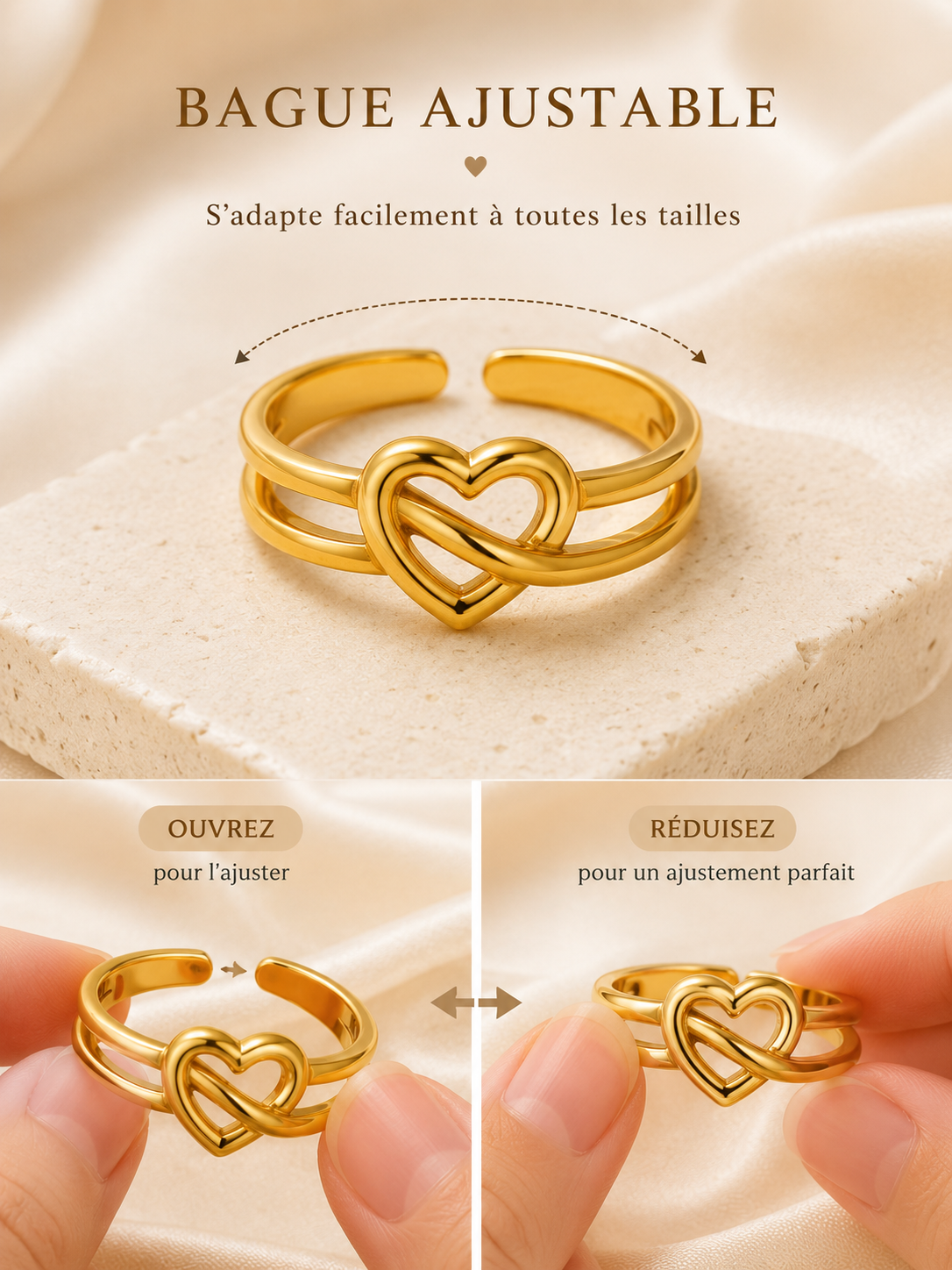 Bague cœur ajustable en acier inoxydable doré