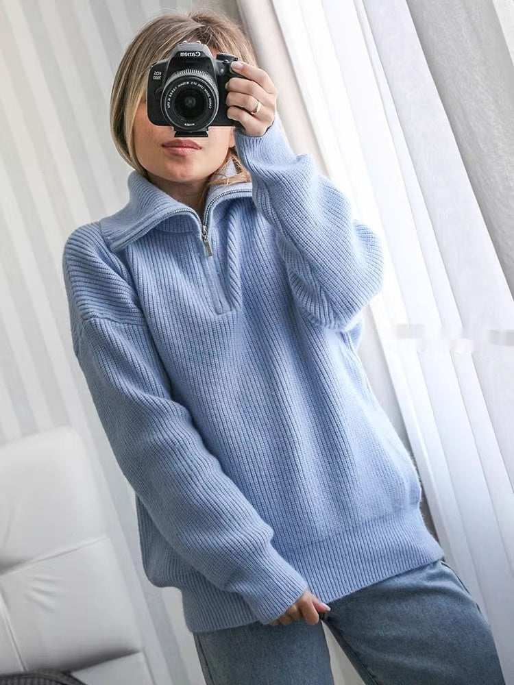 Pull femme col zippé manches longues