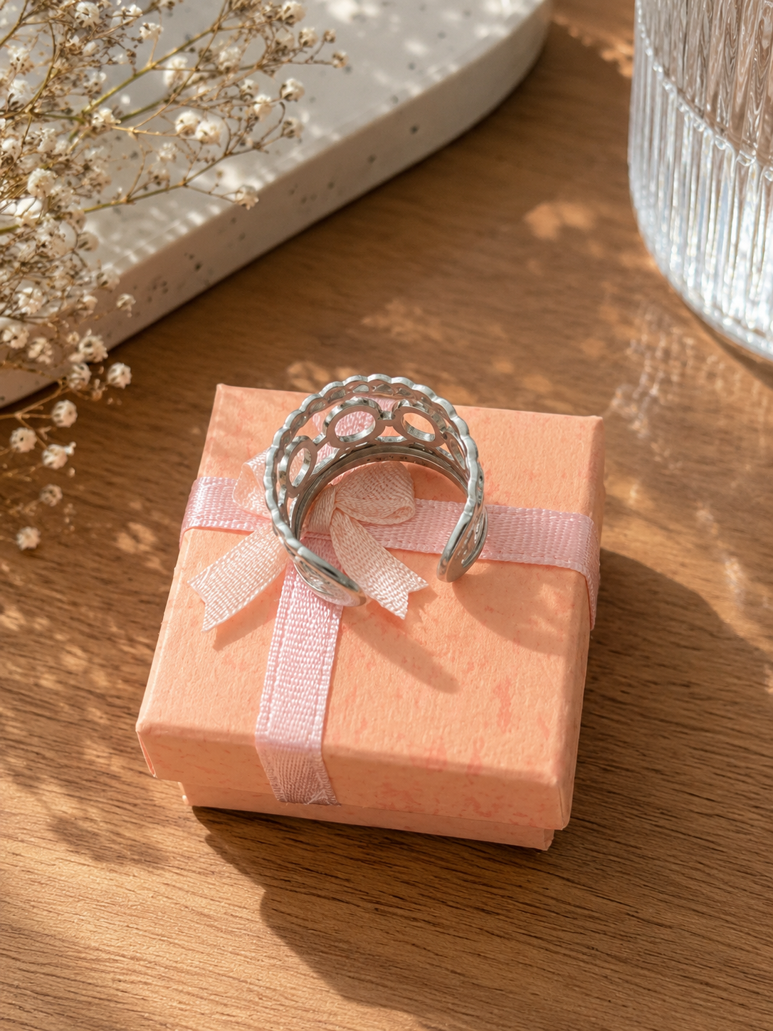 Bague ajustable argentée à motifs géométriques – Acier inoxydable
