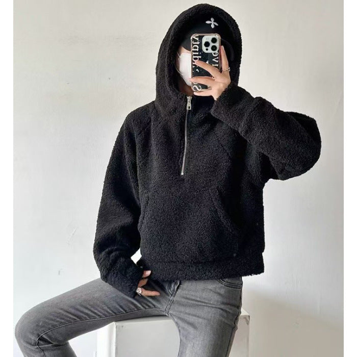 Sweat à Capuche Femme Effet Laine – Demi-Zip Confort & Tendance