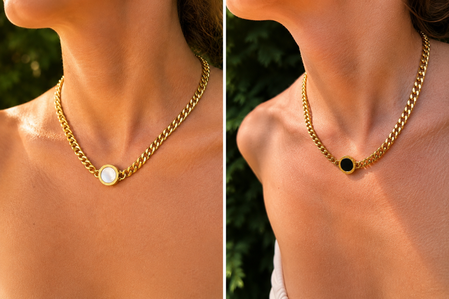Collier Réversible Noir & Blanc Nacré – Acier Inoxydable Doré
