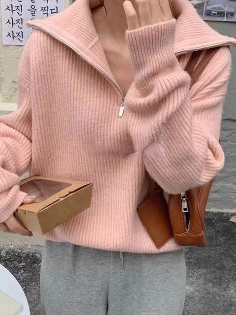 Pull femme col zippé manches longues
