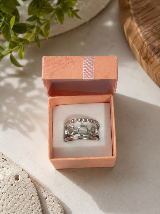 Bague ajustable argentée à motifs géométriques – Acier inoxydable