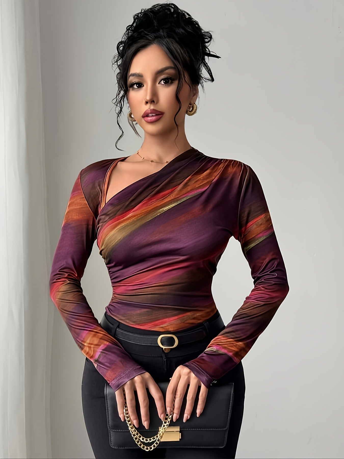 Haut Femme Dégradé Coupe Slim – Col Asymétrique Élégant