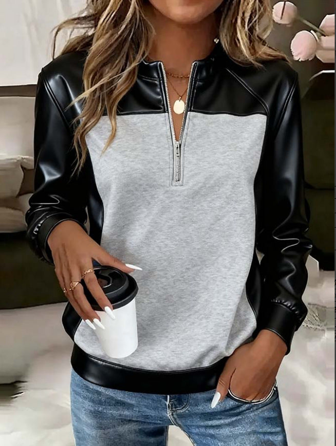 Haut Femme Bicolore Col Montant Zippé – Manches Longues Élégantes