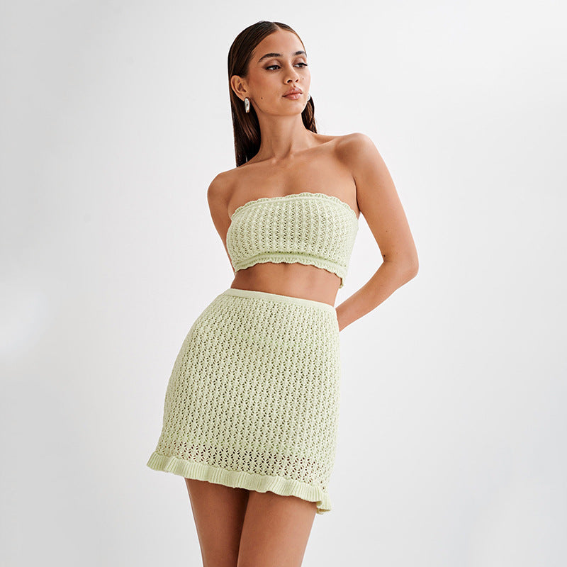 Ensemble Noir Femme 2 Pièces – Top Bandeau & Jupe Ajustée