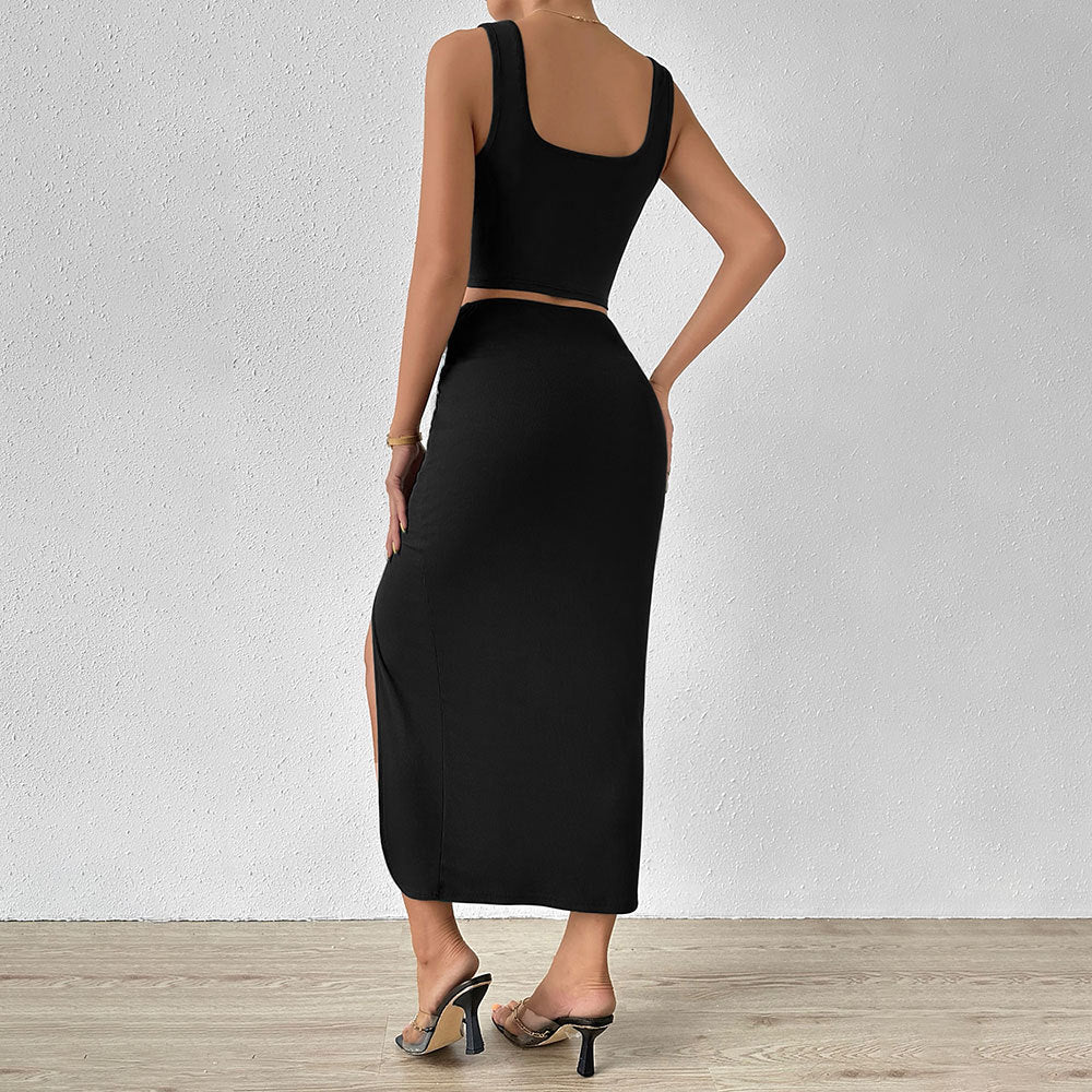 Ensemble Élégance Fendue – Top & Jupe Midi Sculptante