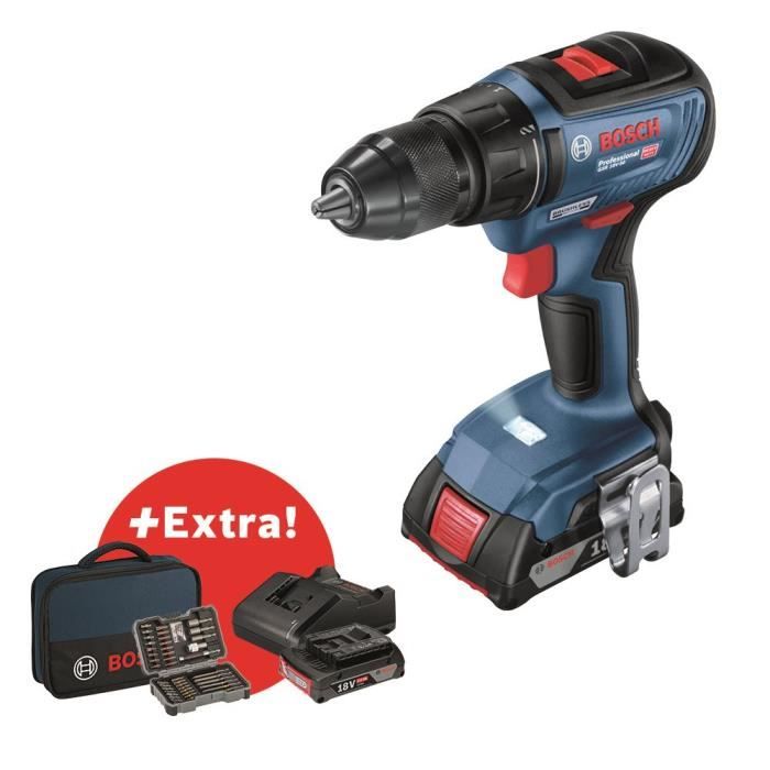 Perceuse-visseuse Bosch Professional GSR 18V-50 + 2 batteries 2,0Ah + chargeur GAL 18V-20 + 43 accessoires + Sacoche