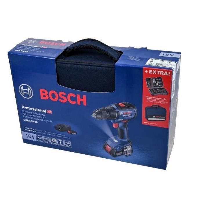 Perceuse-visseuse Bosch Professional GSR 18V-50 + 2 batteries 2,0Ah + chargeur GAL 18V-20 + 43 accessoires + Sacoche