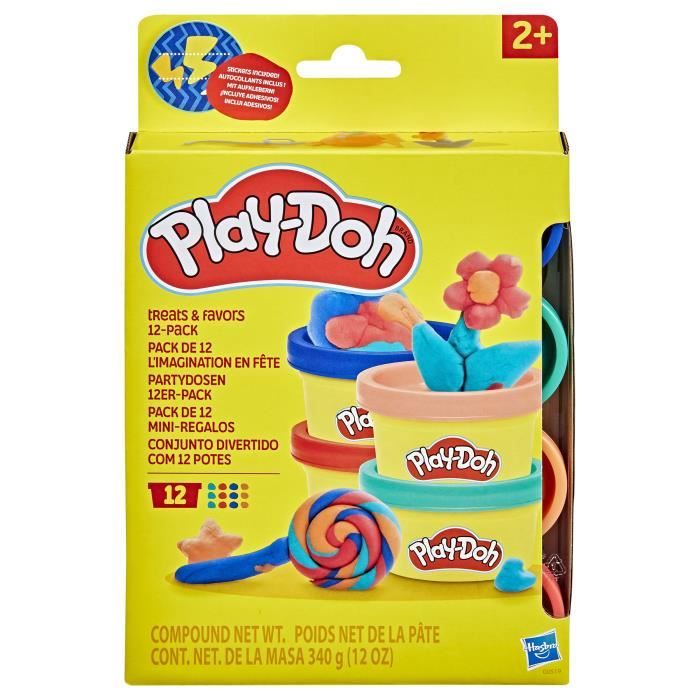 Play-Doh Pack de 12 L'imagination en fete, autocollants et pots de pâte a modeler de 28 g, petits cadeaux, loisirs créatifs pour enf