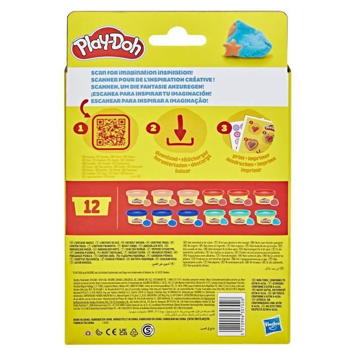 Play-Doh Pack de 12 L'imagination en fete, autocollants et pots de pâte a modeler de 28 g, petits cadeaux, loisirs créatifs pour enf