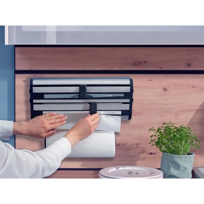 Dérouleur mural Leifheit Parat Royal 25793, porte-rouleau cuisine en acier inoxydable pour 3 rouleaux, lames tranchantes, blanc