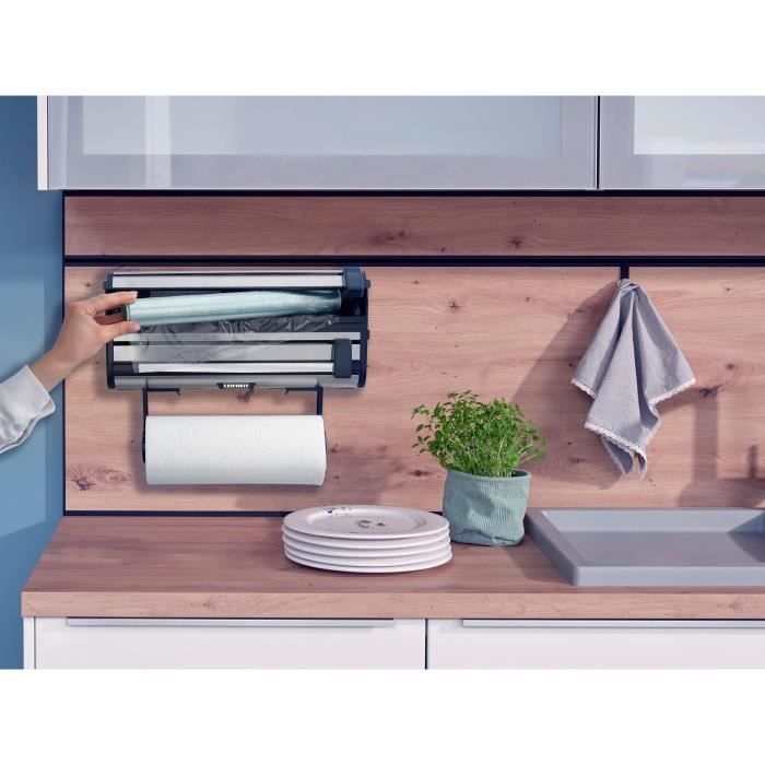 Dérouleur mural Leifheit Parat Royal 25793, porte-rouleau cuisine en acier inoxydable pour 3 rouleaux, lames tranchantes, blanc