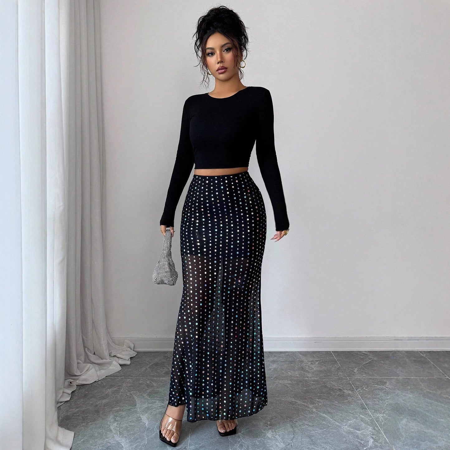 Jupe Longue Femme à Paillettes – Taille Haute & Effet Moulant