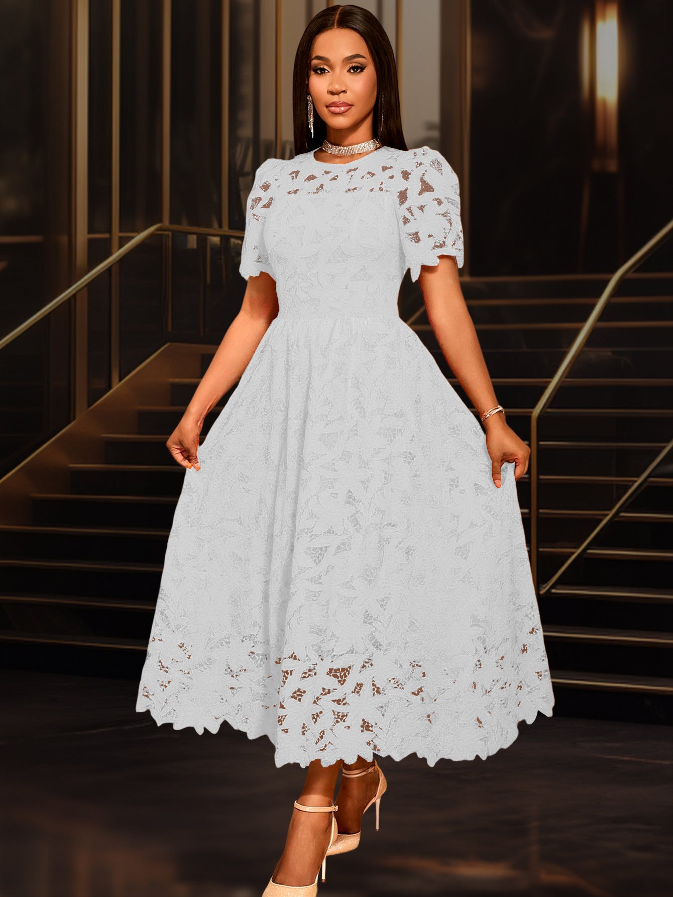 Robe Élégante Dentelle Col Rond – Style Chic & Féminin