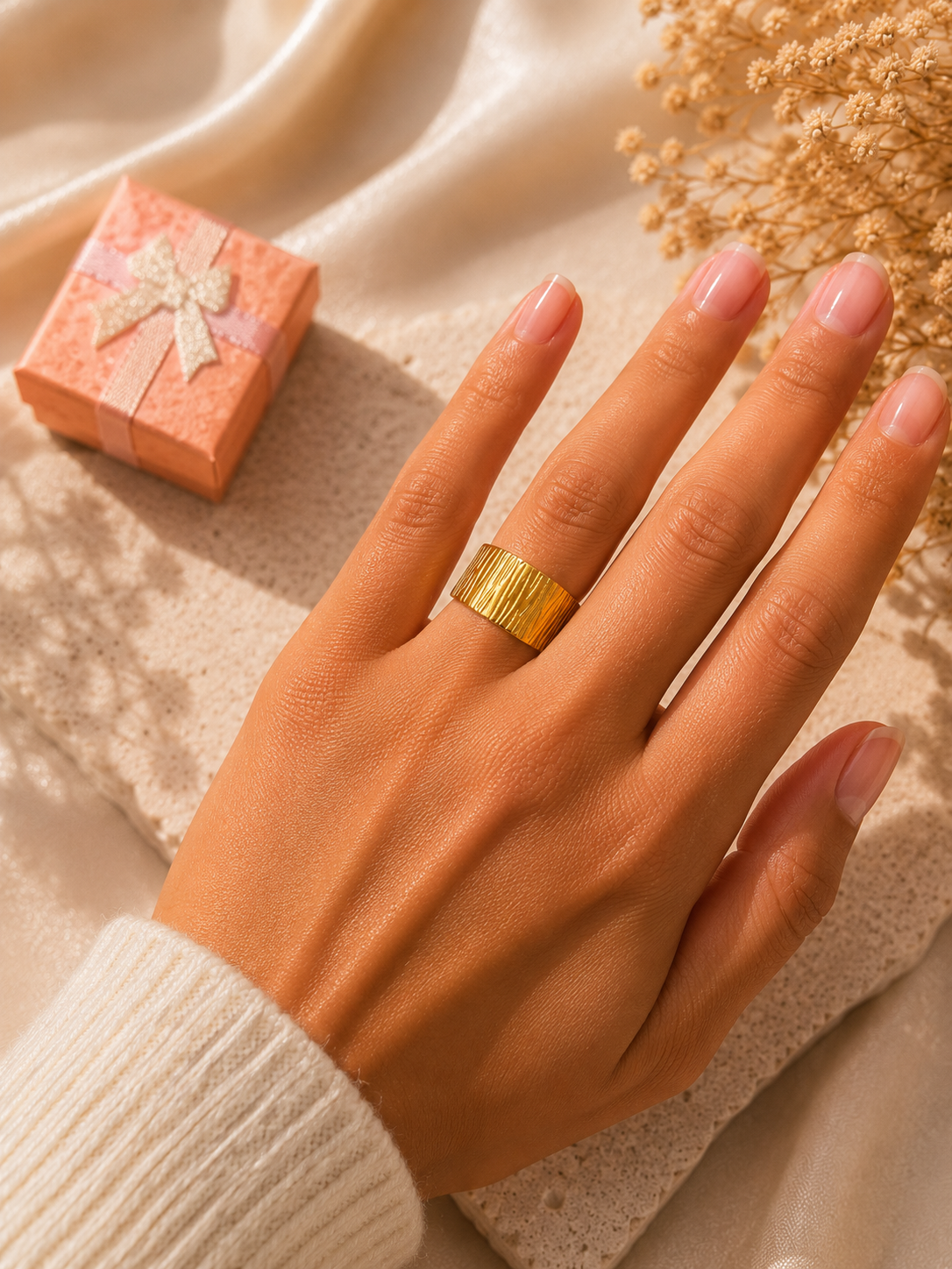 Bague large texturée en acier inoxydable doré