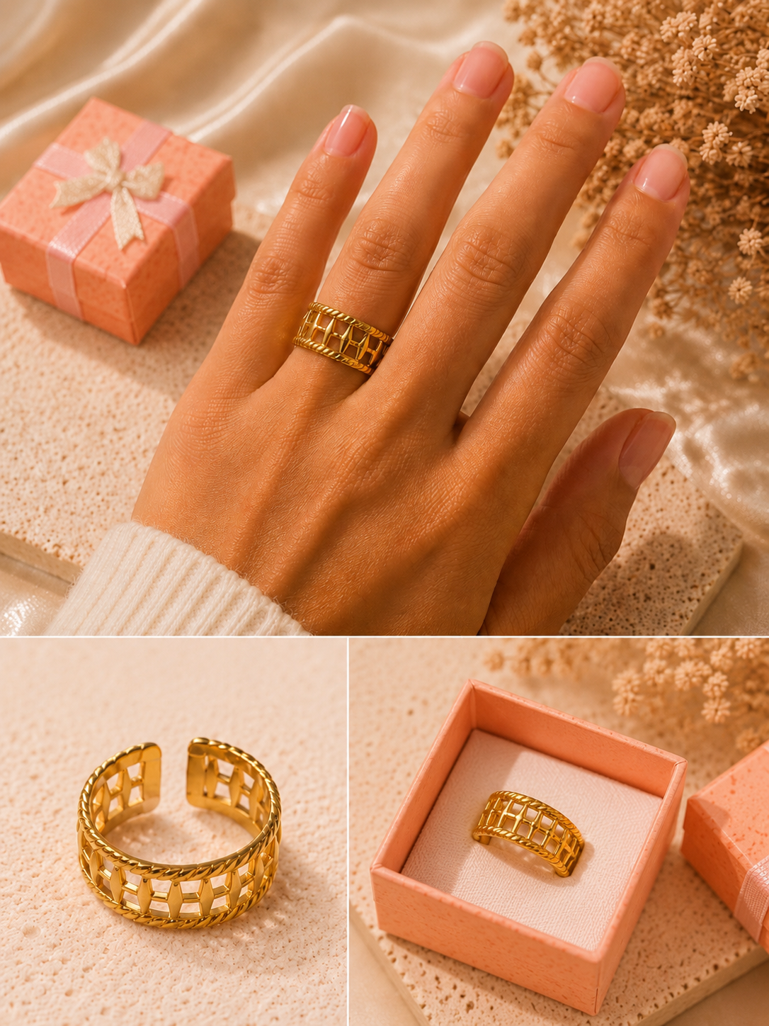 Bague ajourée ajustable en acier inoxydable doré