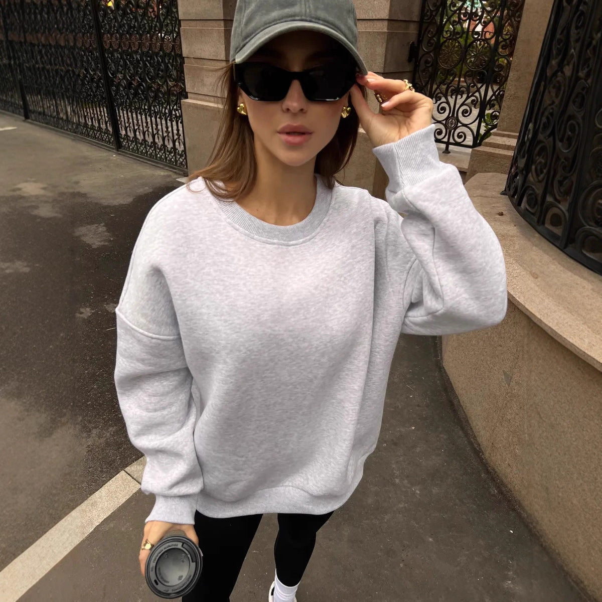 Sweat Femme Uni Épais Col Rond – Coupe Ample Casual & Tendance