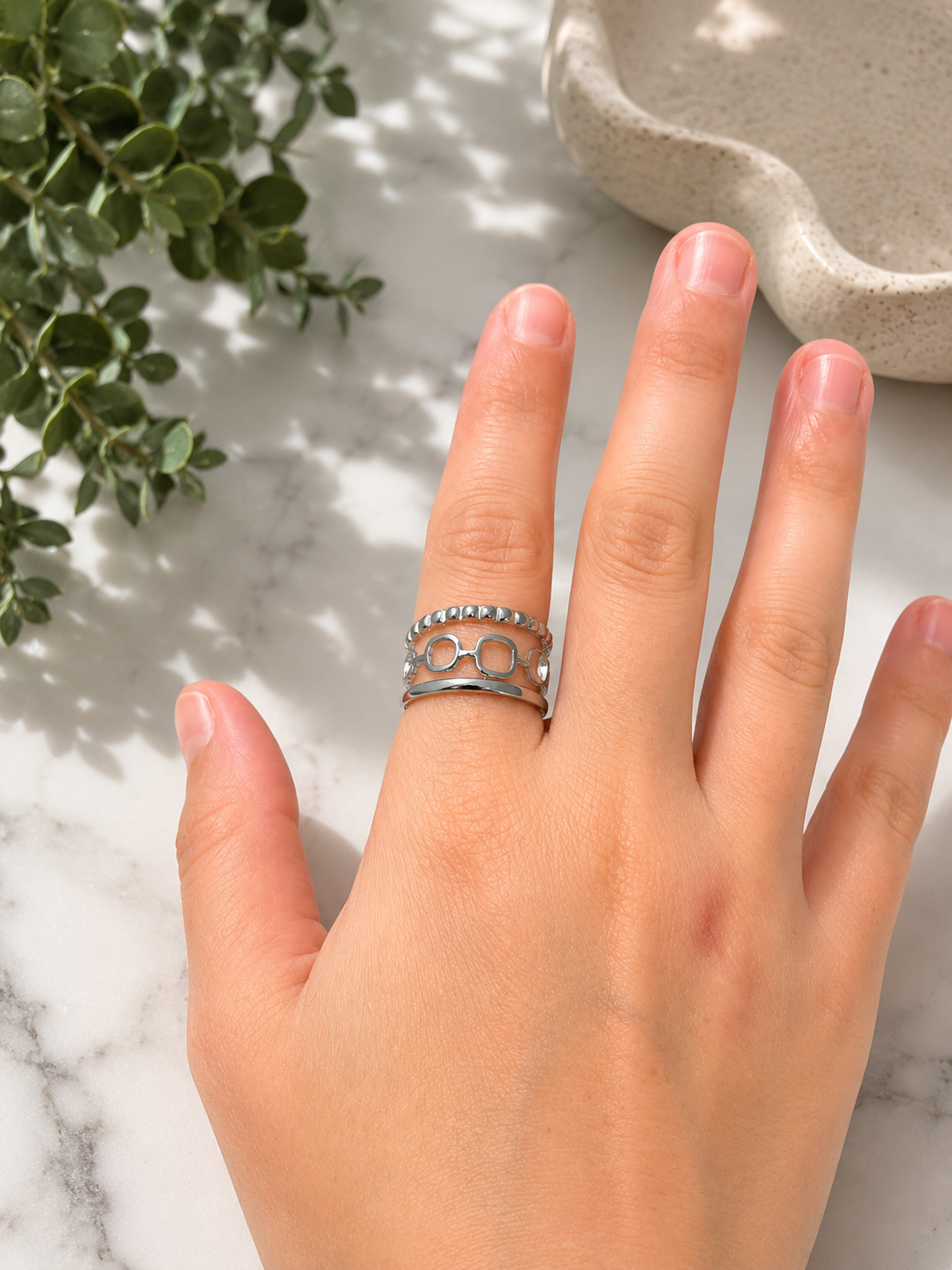 Bague ajustable argentée à motifs géométriques – Acier inoxydable