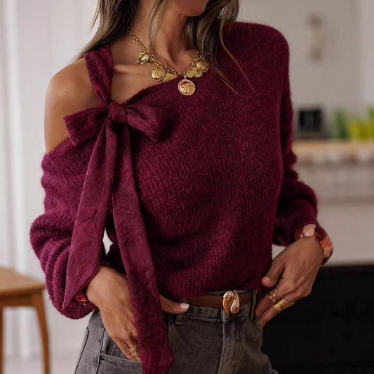 Pull femme élégant à nœud manches longues