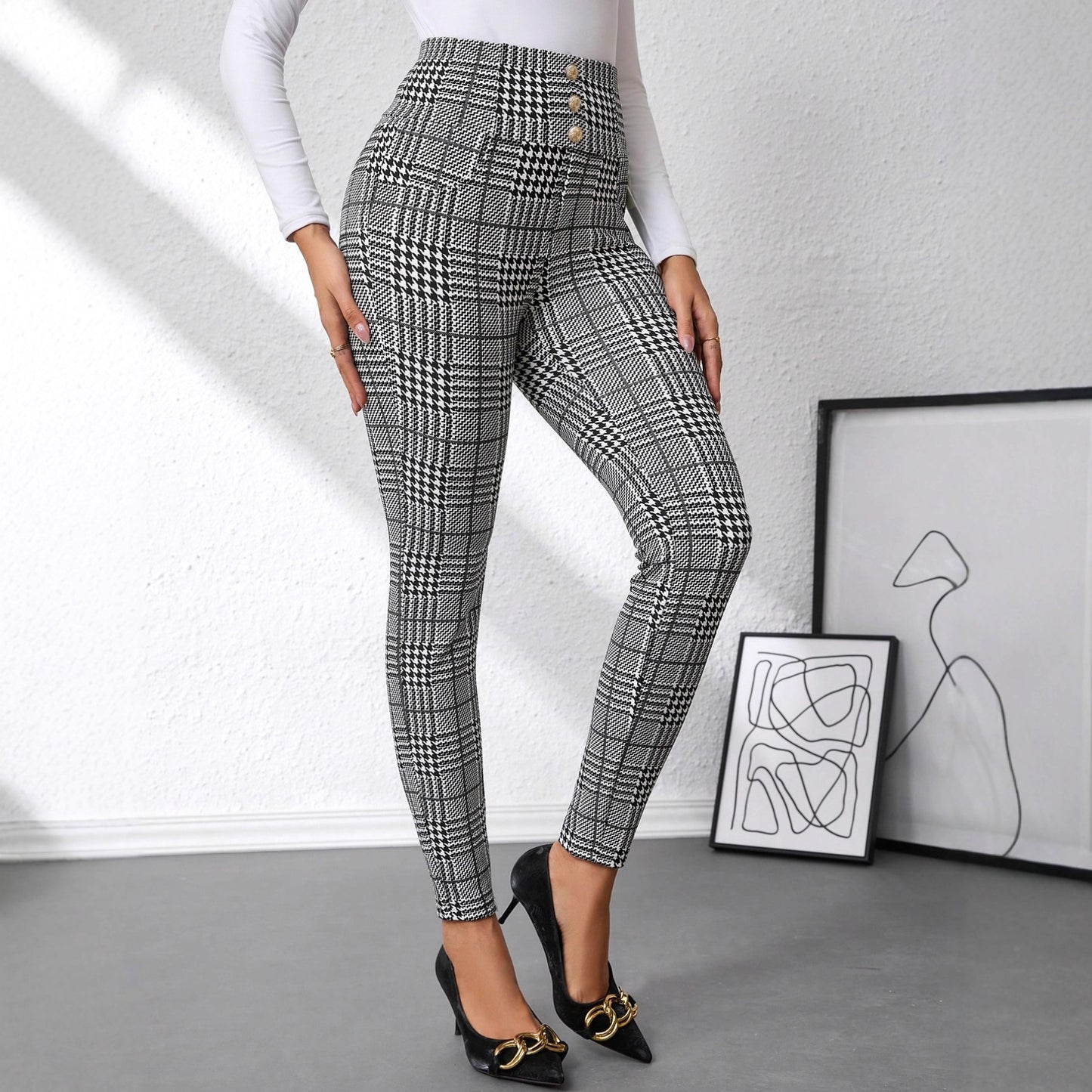Pantalon Femme Taille Haute à Carreaux – Coupe Slim Chic