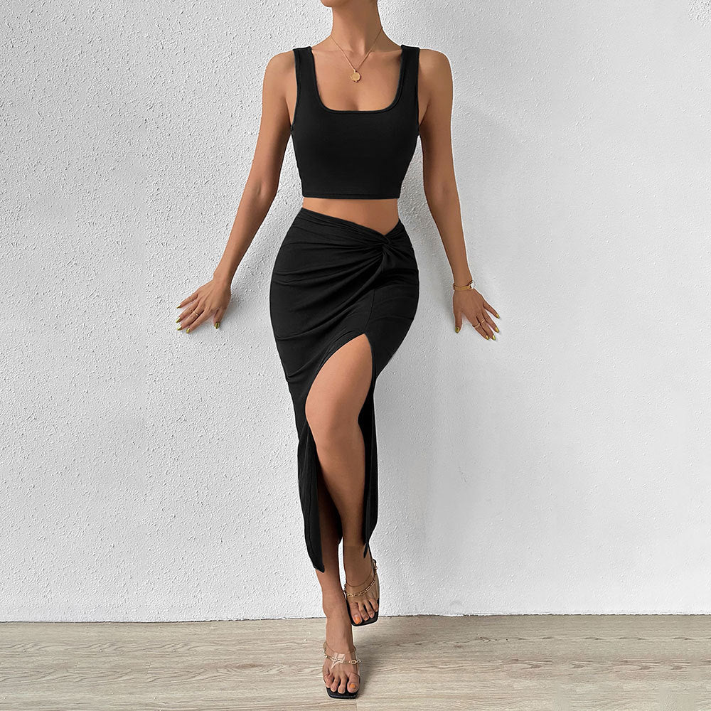 Ensemble Élégance Fendue – Top & Jupe Midi Sculptante