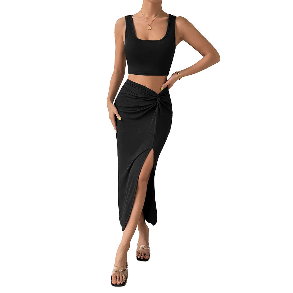 Ensemble Élégance Fendue – Top & Jupe Midi Sculptante