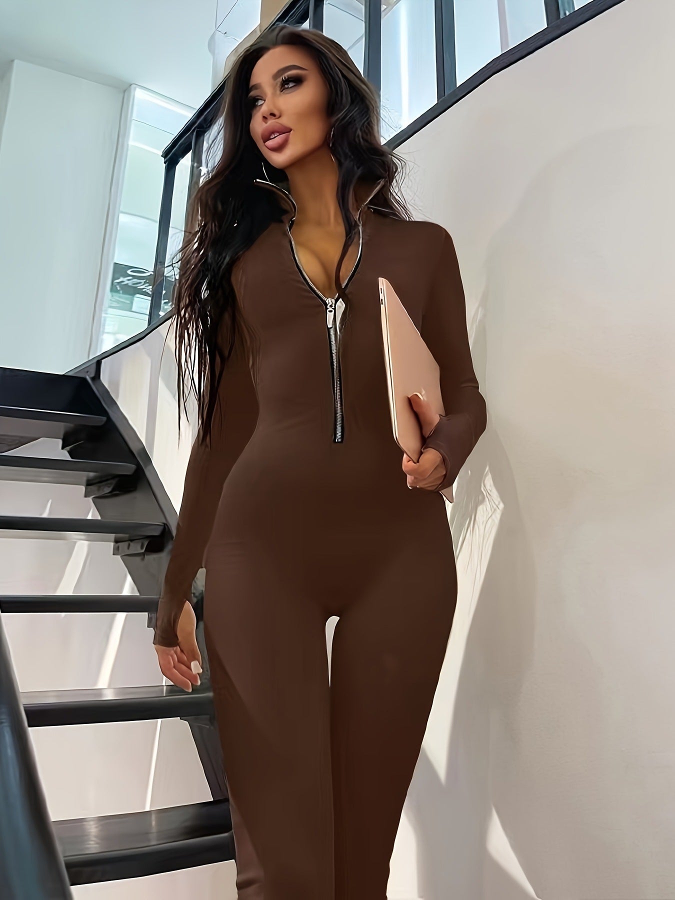 Combinaison Femme Zip Sculptante Manches Longues