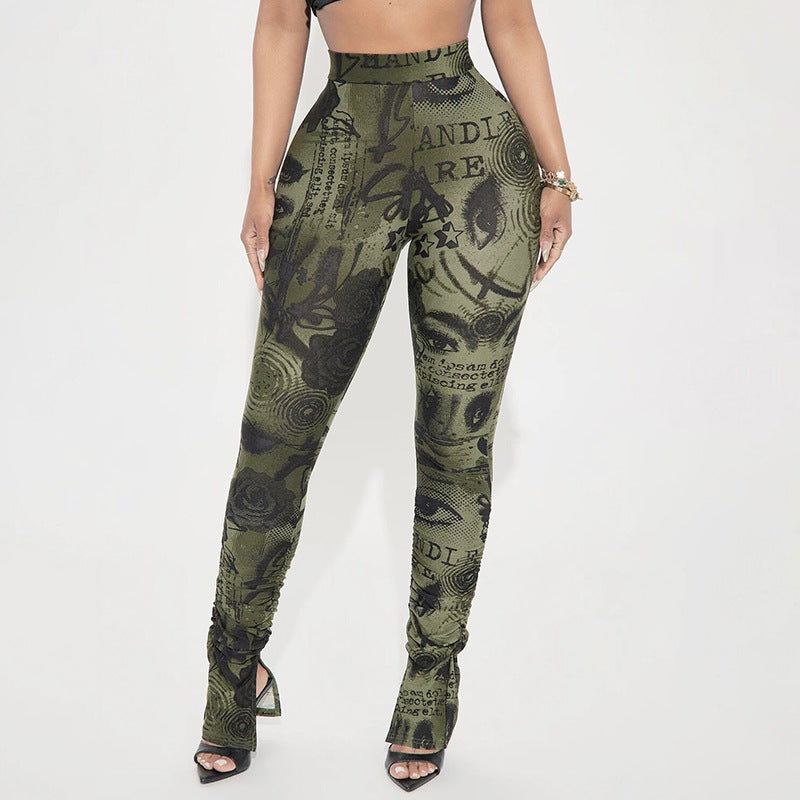 Pantalon Femme Imprimé Taille Haute – Coupe Slim Stretch avec Fentes