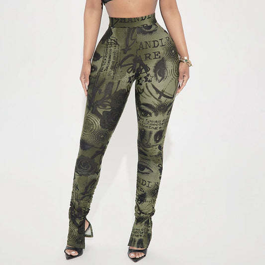 Pantalon Femme Imprimé Taille Haute – Coupe Slim Stretch avec Fentes