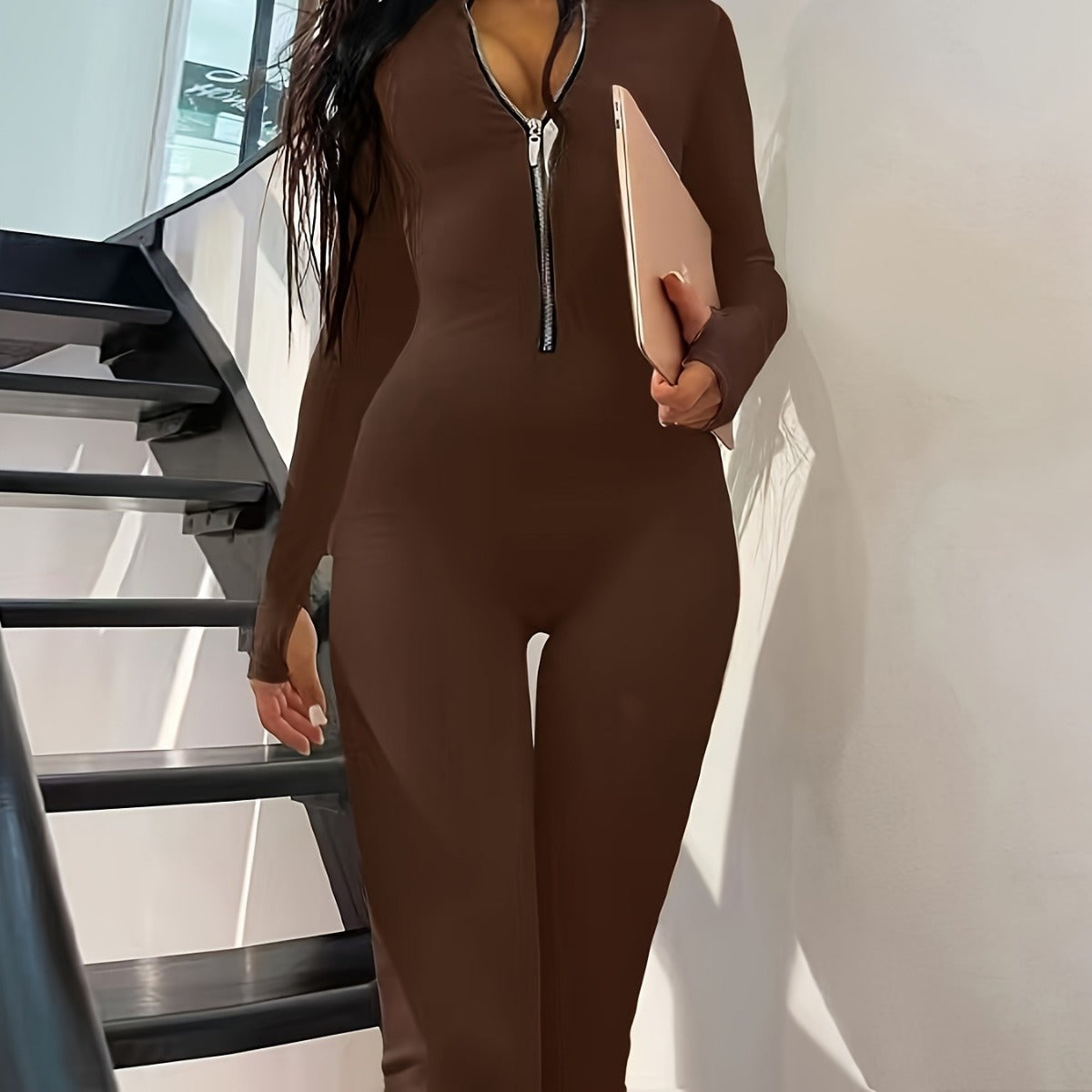 Combinaison Femme Zip Sculptante Manches Longues