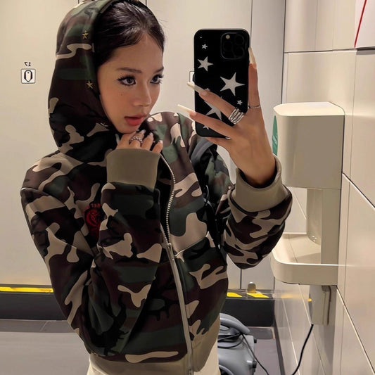 Hoodie Femme Camouflage Léger – Sweat à Capuche Court Casual