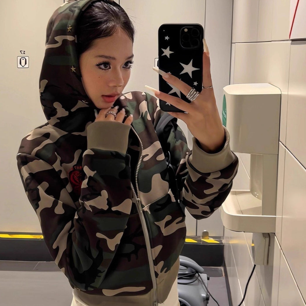 Hoodie Femme Camouflage Léger – Sweat à Capuche Court Casual