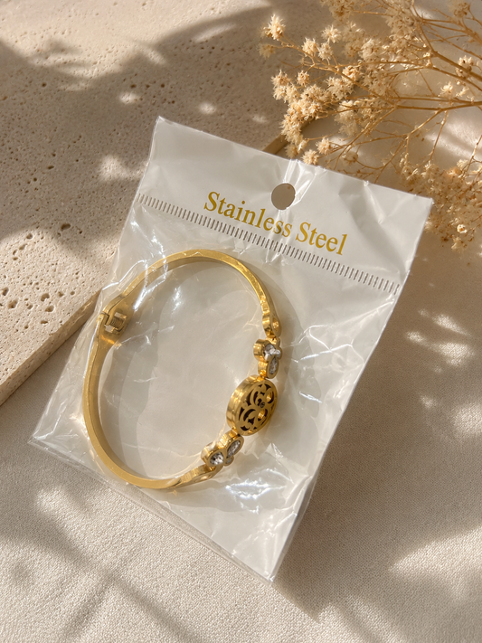 Bracelet Jonc Doré en Acier Inoxydable – Motif Floral & Cristaux