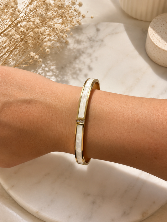 Bracelet Jonc Doré Nacre Blanche – Acier Inoxydable