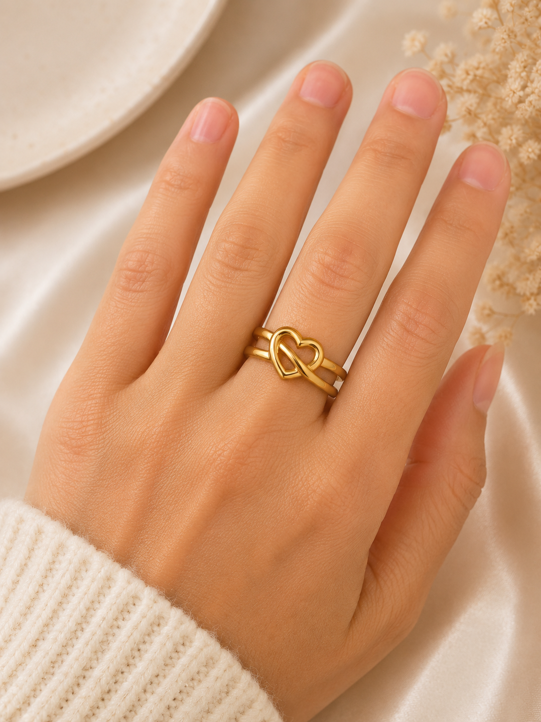 Bague cœur ajustable en acier inoxydable doré