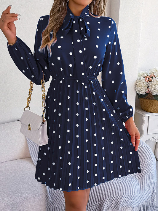 Robe Longue Femme à Pois – Taille Nouée & Manches Longues Plissées