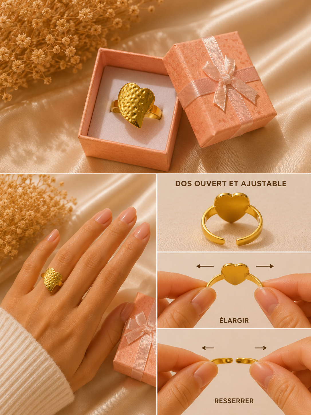 Bague cœur martelé ajustable en acier inoxydable doré