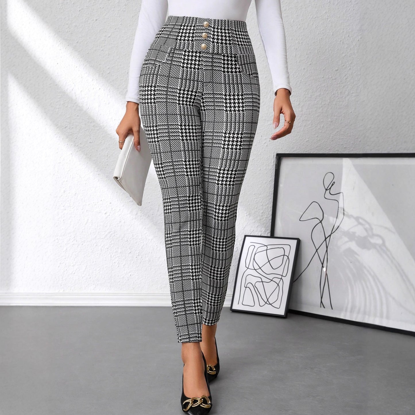 Pantalon Femme Taille Haute à Carreaux – Coupe Slim Chic