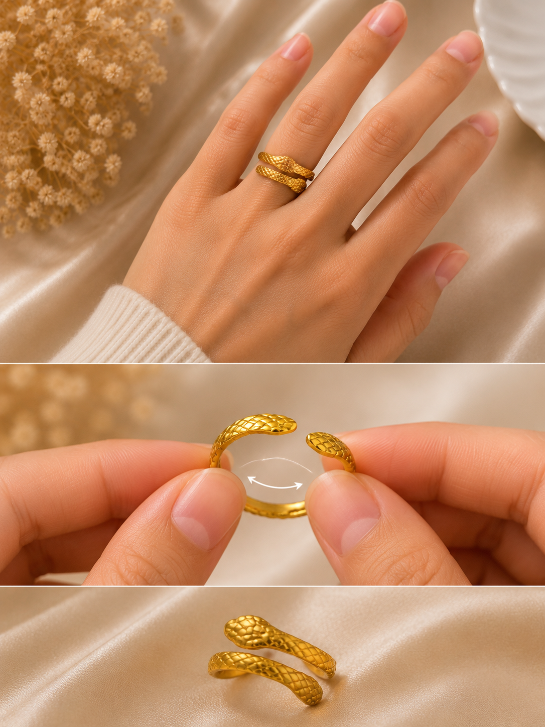 Bague serpent ajustable en acier inoxydable doré – élégante & tendance