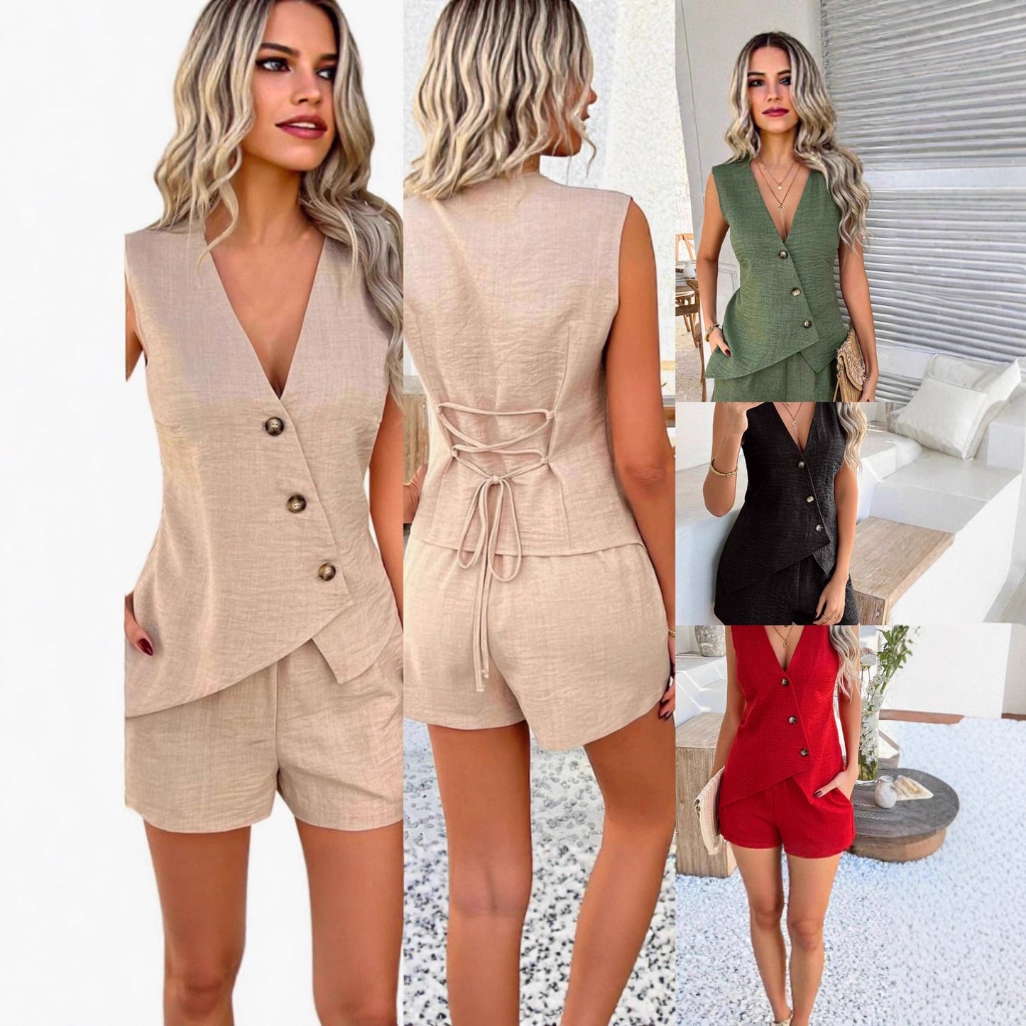 Ensemble Femme Boutonné – Top Sans Manches & Short Élégant