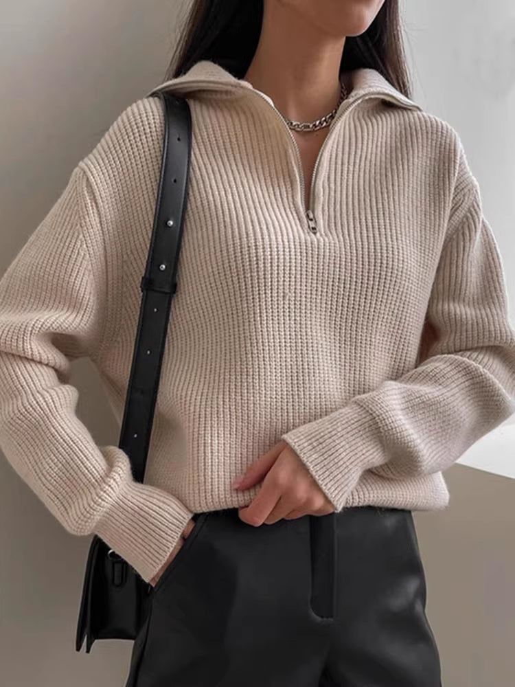 Pull femme col zippé manches longues