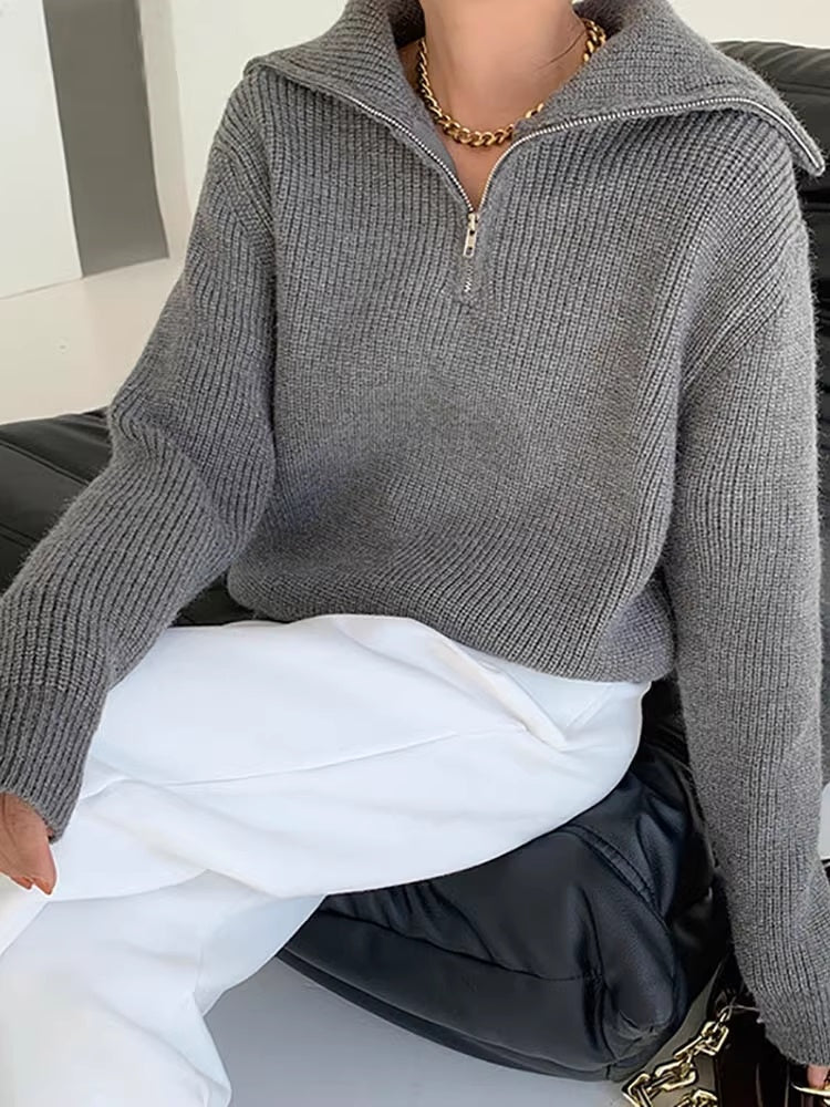 Pull femme col zippé manches longues