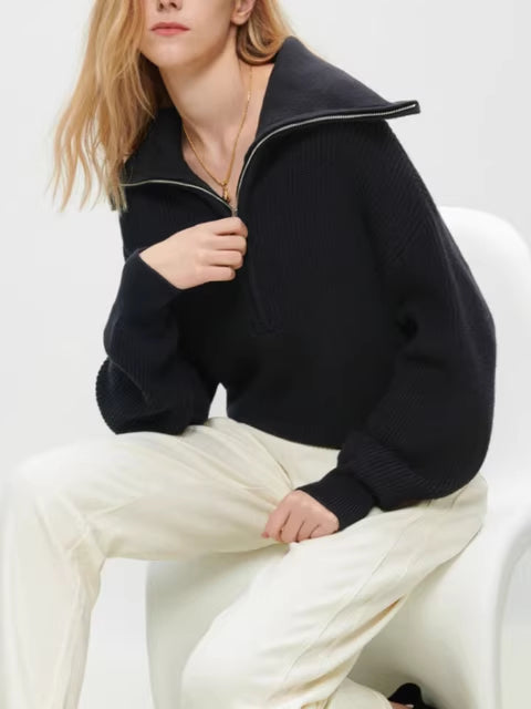 Pull femme col zippé manches longues