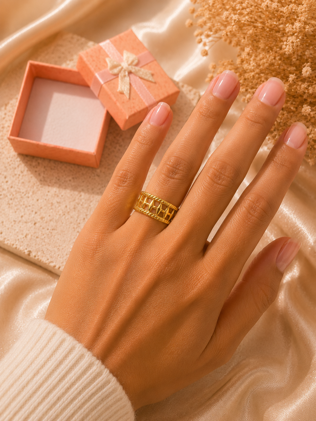 Bague ajourée ajustable en acier inoxydable doré