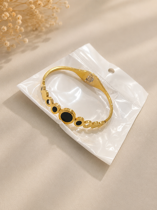 Bracelet Jonc Doré Acier Inoxydable – Cercles Noirs Élégants – Femme – Résistant à l’Eau